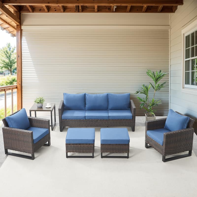 Gymojoy 3-Piece Wicker Outdoor Sofa Ottoman Set - Brown - Blue