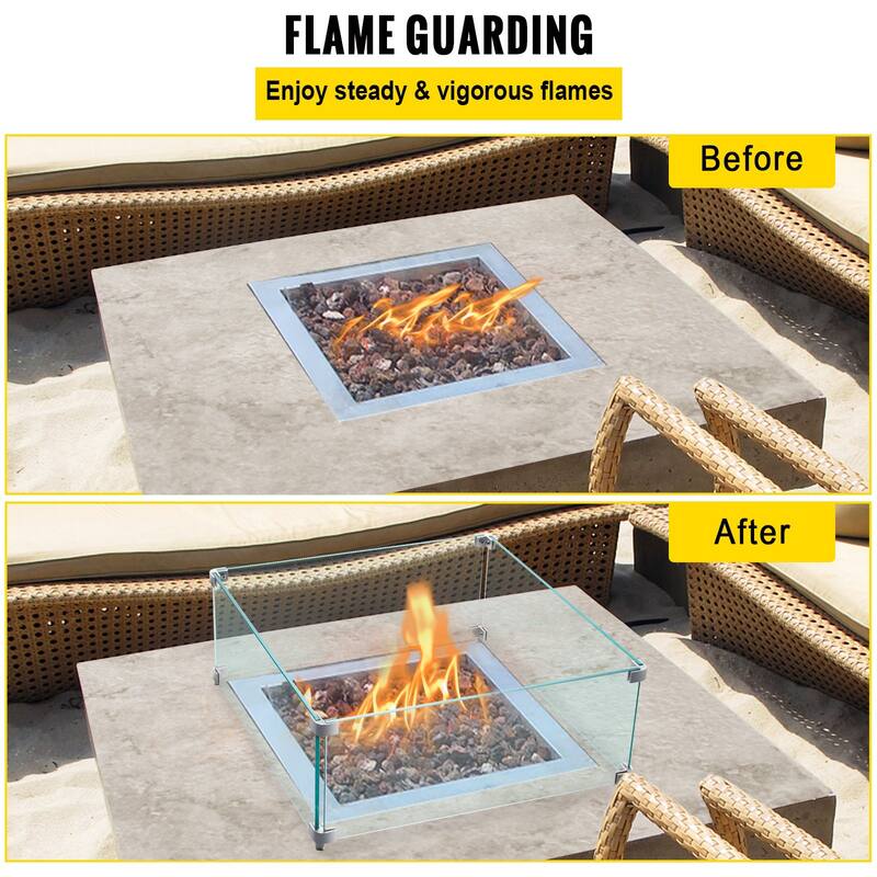 Clear Tempered Glass Fire Pit Guard with Alloy Brackets - 14" L x 14" W x 6" H