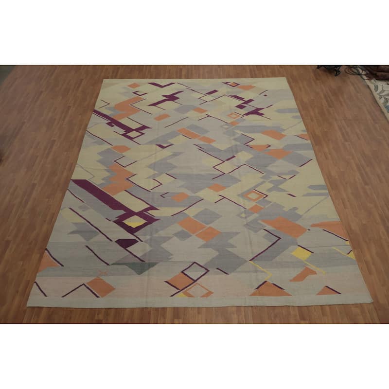 Hand Woven Oriental 100% Wool Carpet Southwestern Modern Greys & Charcoal Kilim Area Rug - 15' 11'' X 12' 3''