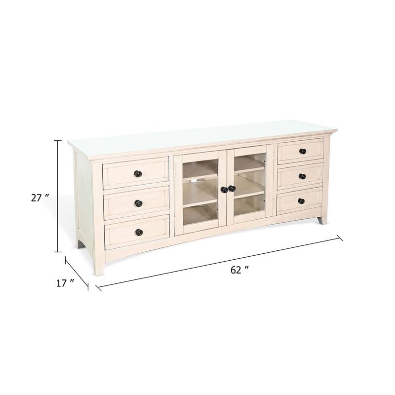 Xyla TV Stand Media Cabinet Glass Door, 6 Drawers, White Wood, 62 Inch