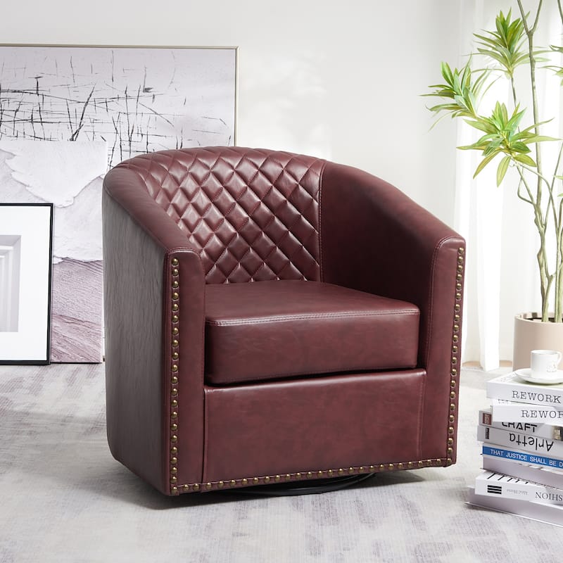 KINWELL 29" Wide Tufted PU Leather Swivel Barrel Chair - Burgundy
