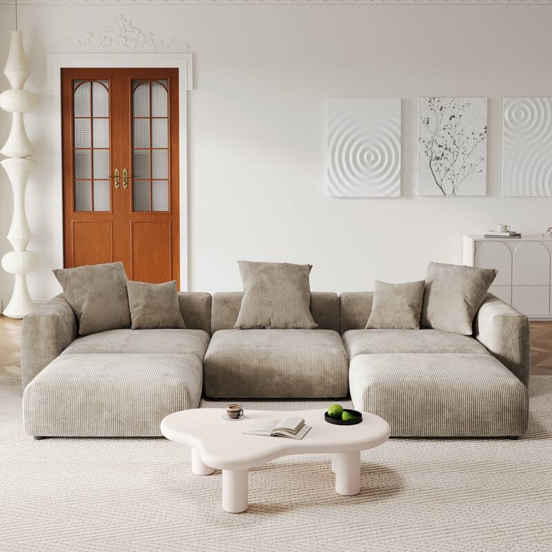 141.73" U-shape Corduroy Modular Sofa, Large Size Comfy Sectional Couch Sofa with 5 Pillows - Light Brown