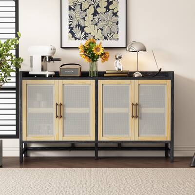 60-Inch Rustic Sideboard with Adjustable Shelves, Cable Management, and Rattan Door Design for Modern Homes