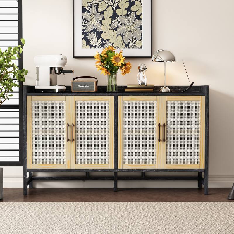 Rattan Sideboard Buffet Storage Cabinet Console Table, Black+Natural