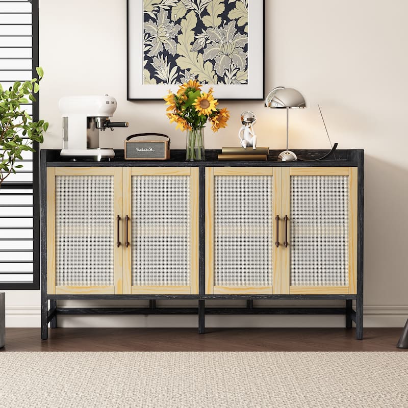 Rustic Sideboard Buffet Cabinet with Decorative Rattan Doors