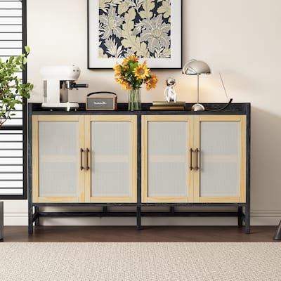 Wood Sideboard with Cane-Inlaid Doors and Adjustable Shelves, Ideal for Farmhouse or Coastal Decor