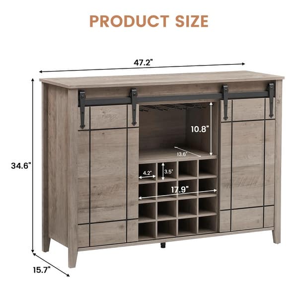 dimension image slide 3 of 4, Farmhouse 47'' Wine Bar Cabinet Buffet Sideboard Cabinet with 16 Bottle Wine Rack - 15.7"D x 47.2"W x 34.61"H