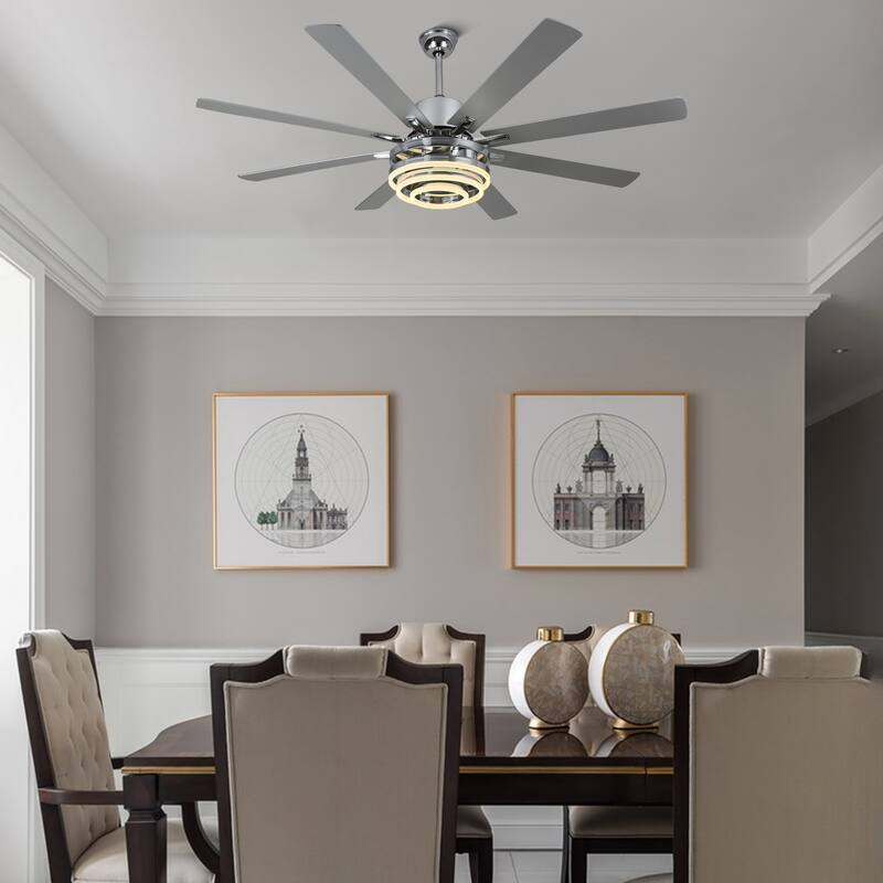 CurveCurio 72" Modern Large Ceiling Fan w LED Light, 8 Wood Blades and Quiet DC Reversiable Motor w 6 Speeds, Remote Control