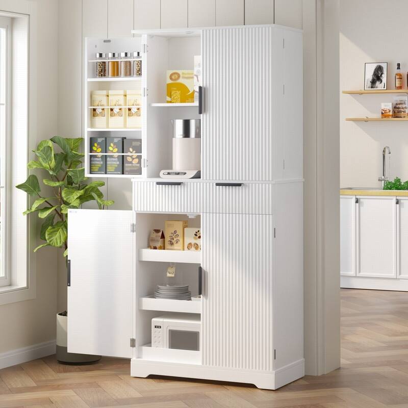 72" Fluted Kitchen Pantry Cabinet, Freestanding Cupboard Storage Cabinet with Drawers and Adjustable Shelves