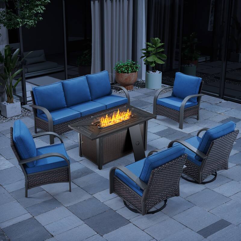 Propane Fire Pit with Outdoor Patio Funiture Set - Brown Rattan - Blue Cushion - 6PCS Sofa Chair with Fire Table