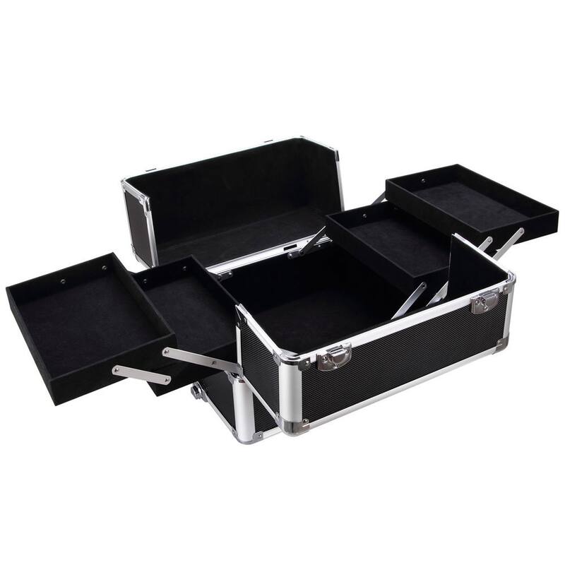 Black Aluminum Multiple Compartments Makeup Case with Draw-Bar Design for Travel Friendly - 13.77” x 9.84” x 29.52