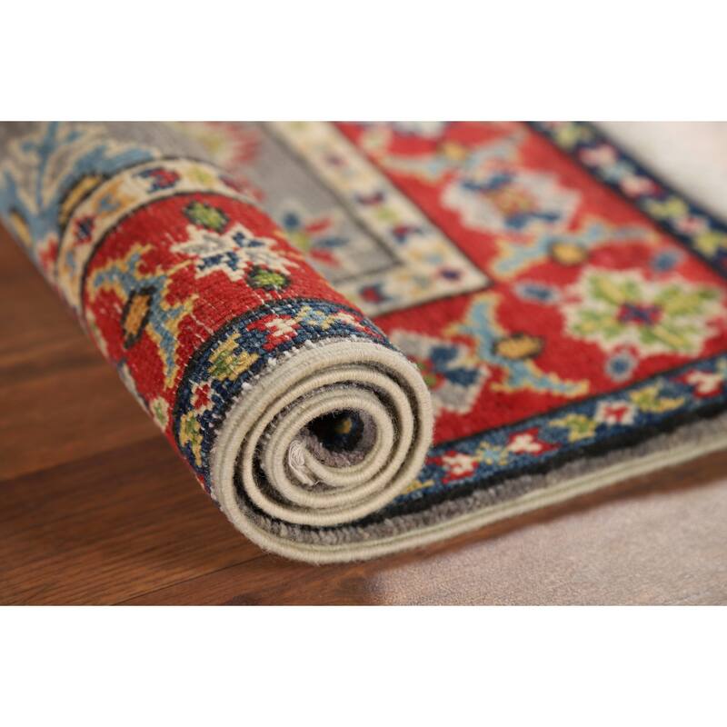 Hand Knotted Oriental 100% Wool Carpet Traditional Geometric Greys & Charcoal Kazak Area Rug - 2' 9'' X 2' 1''