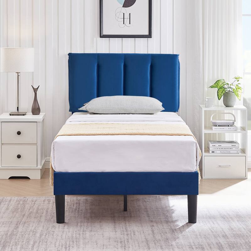 Javlergo Velvet Upholstered Platform Bed Frame with Adjustable Headboard - Dark Blue - Twin