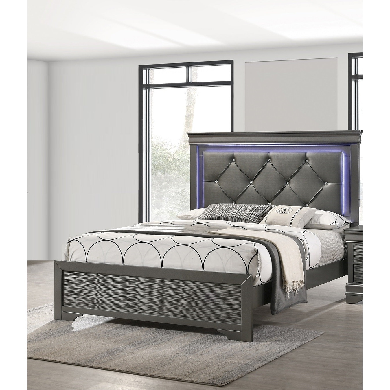 Modern Style 1pc Bed Set Built In LED Lights Diamond Button Tufted Headboard Gray Finish Bedroom Furniture