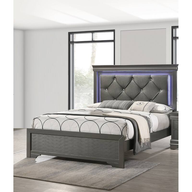 Modern Style Bed Dresser Mirror Nightstand And Chest Set Built In LED Light Headboard Gray Finish Bedroom Furniture