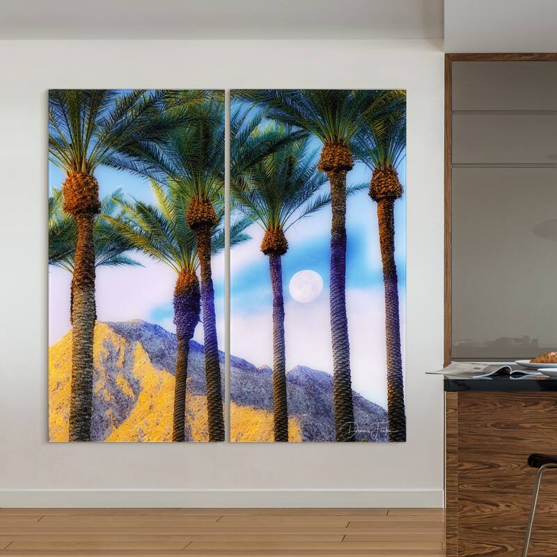 "Moonlit Oasis" Oversized 72"x 36" Frameless Free-Floating Reverse Printed Tempered Art Glass Panels Set