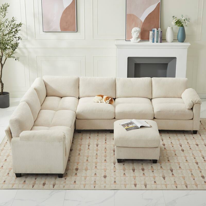 Corduroy Corner Sectional Sofas with a Removable Ottoman, L-shaped Reversible 7-seat Modular Couch