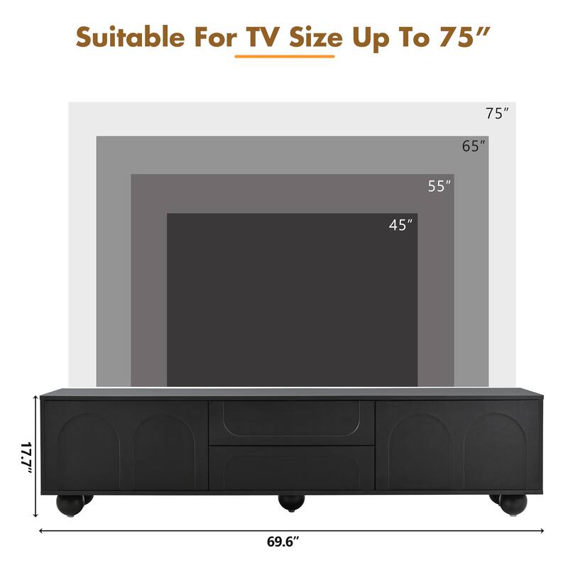 Modern Arched TV Stand for TVs up to 75 Inches with 2 Drawers and Rebound Device, for Living Rooms and Bedrooms, Black