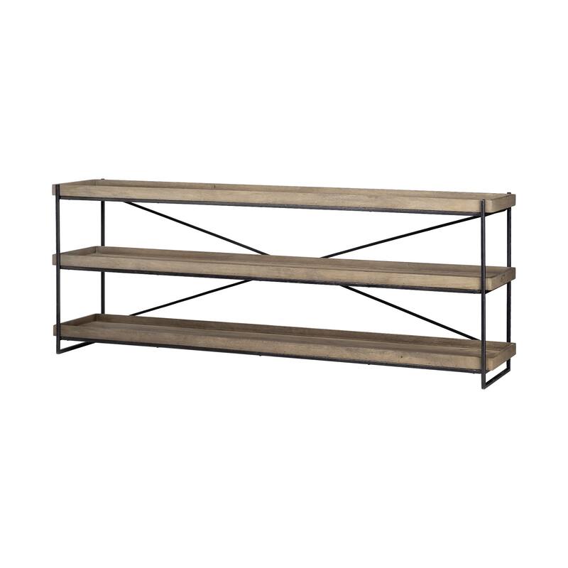 HomeRoots 80" Light Brown and Black Solid Wood and Iron Console Table With Two Shelves - 16