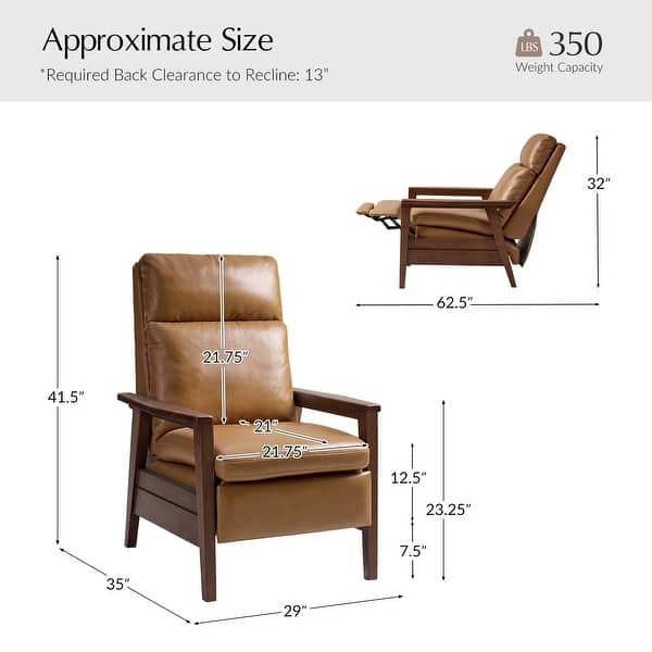 dimension image slide 1 of 2, Gladys Mid-Century Modern Genuine Leather Solid Wood Recliner By HULALA HOME