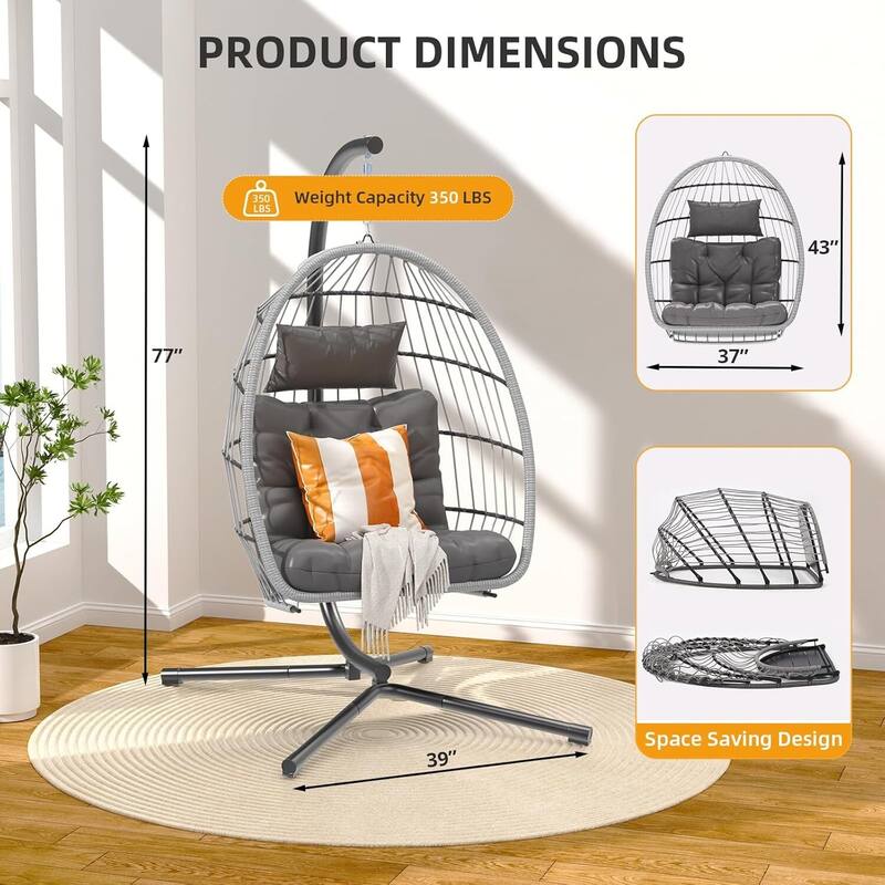Egg Chair with Stand, Patio Swing Chair with Rattan, 350-lb Capacity, Waterproof Pad