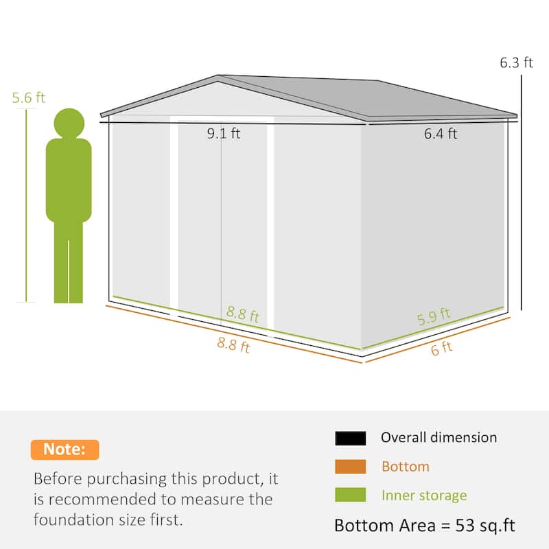 Outsunny 9' x 6' Outdoor Storage Shed, Garden Tool Metal Shed with Foundation Kit, Double Lockable Door