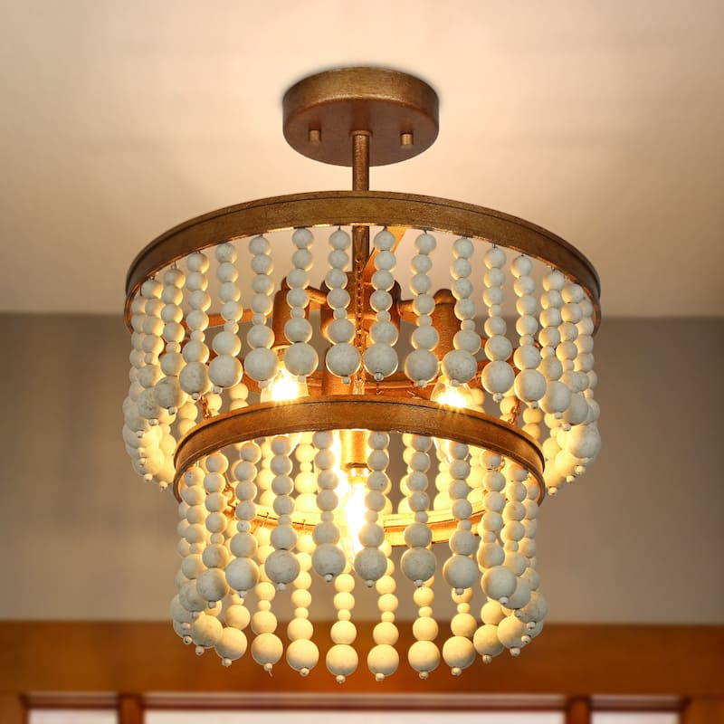 Coasa Modern Semi-flush Mount Lights 2-tier Drum Chandelier with Wooden Beads Entryway Dining room - D14'' x H17'' - D14'' x H17'' - Distressed White
