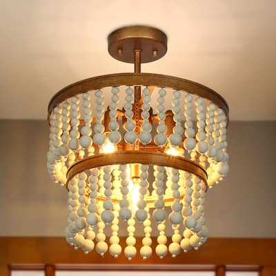 Coasa Modern Semi-flush Mount Lights 2-tier Drum Chandelier with Wooden Beads Entryway Dining room - D14'' x H17''