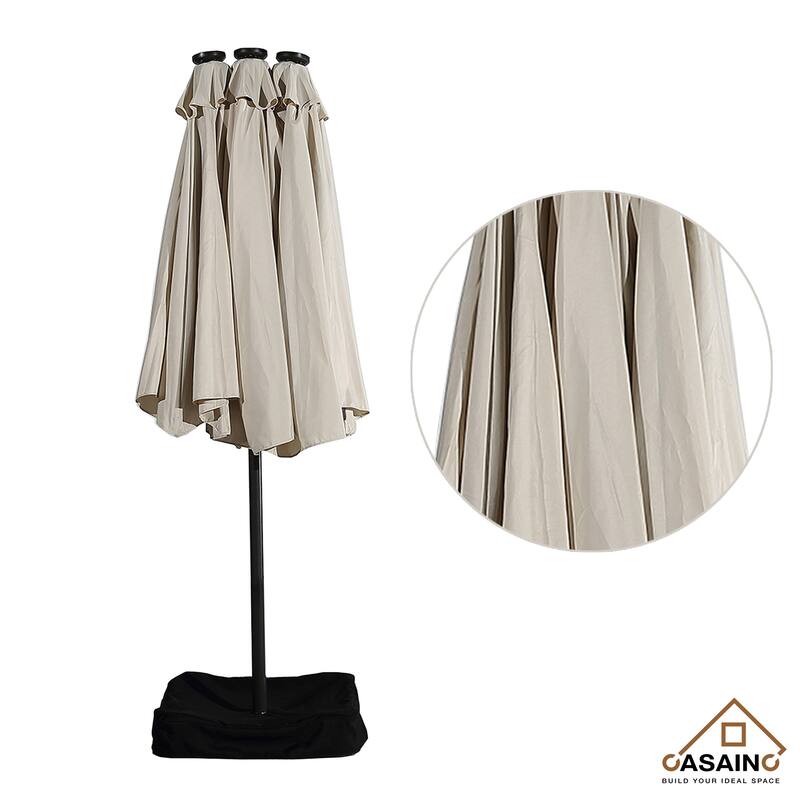 15-ft. Rectangular Crank Double-sided Outdoor Market Umbrella Solar LED Lighted Patio Umbrella with Base Included