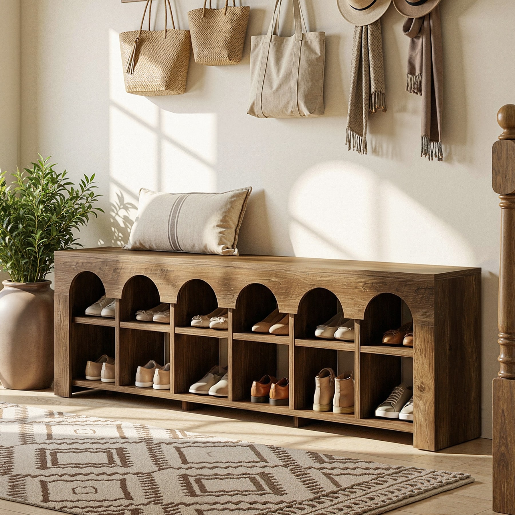 62.99 Inch Arch Entryway Shoe Storage Bench for Hallway, Front Door, Mudroom, Farmhouse 12-Cubby Bed End Bench for Bedroom