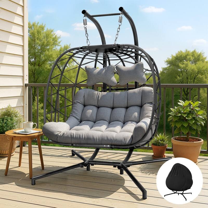 Oversized Outdoor Double Egg Hanging Chair with Cushions, 700 lbs Capacity Swing Chair for Indoor or Patio - Light Grey/Grey-Cover