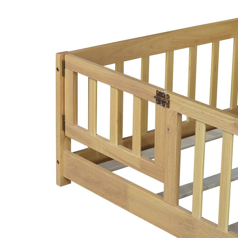 Floor Bed with Fence,Door and Safety Guardrails,Perfect for Kids' Play,Sleep and Development