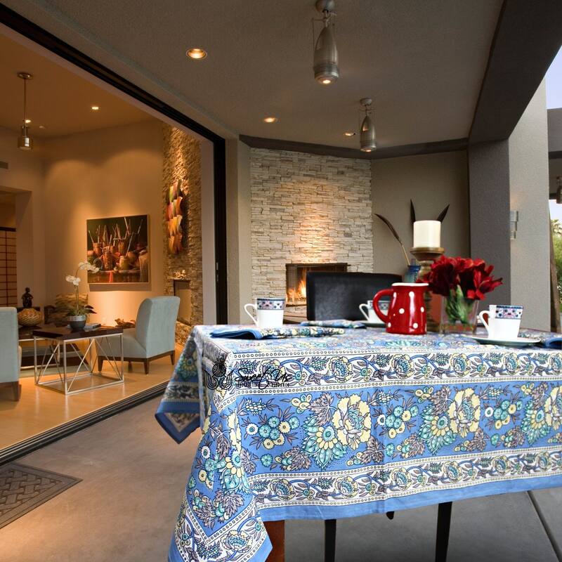 Luxuriant Floral Cotton French Country Tablecloth Collection - 58 x 86 In - Blue