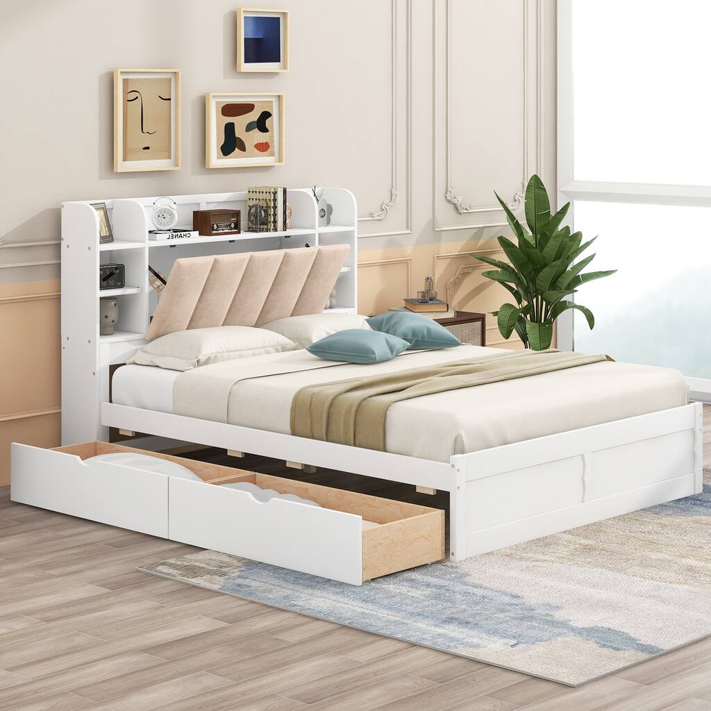 Simple & Natural Wood Queen Size Platform Bed with Upholstery Headboard, Shelves and 2 Drawers, Multiple Storage Space, White