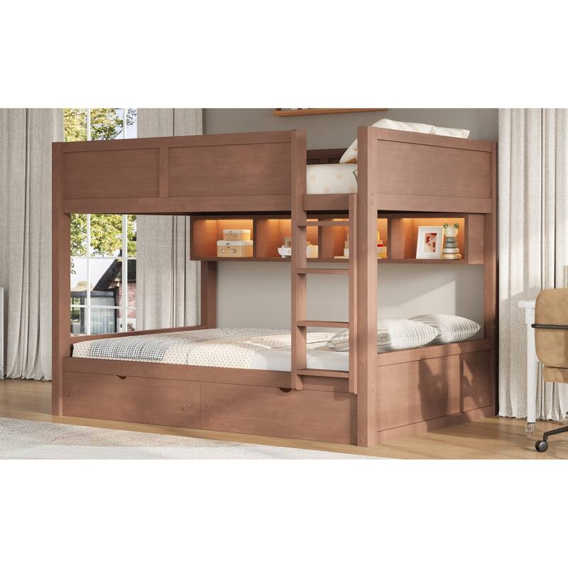 Roomfitters Full XL Over Full XL Bunk Bed with Storage Cabinets, LED Light and Drawers