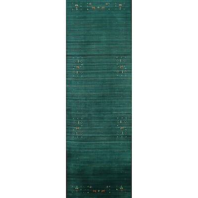 Tribal Green Gabbeh Indian Runner Rug Handmade Wool Carpet - 2'6" x 9'9"