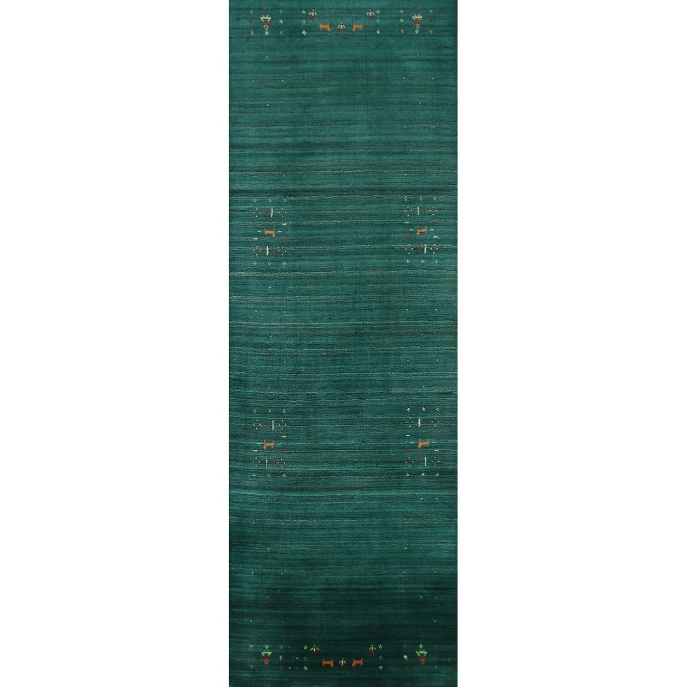 Tribal Green Gabbeh Indian Runner Rug Handmade Wool Carpet - 2'6" x 9'9"