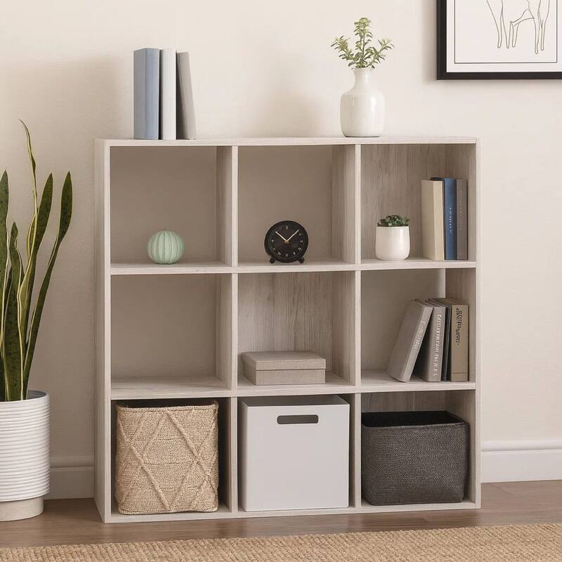 9 Cube Wooden Organizer with Grain Details, Washed White