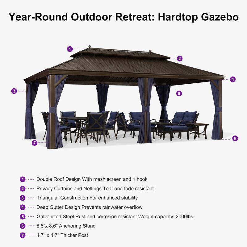PURPLE LEAF Outdoor Gazebo Aluminum Frame Galvanized Steel Hardtop Gazebo