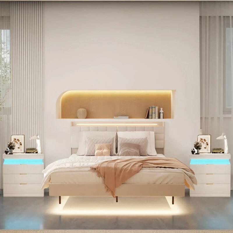 3-Pieces Bedroom Sets,Floating Bed Frame with LED Light and Charging Station and 2 Nightstand with Charging Station ,LED Lights - Queen