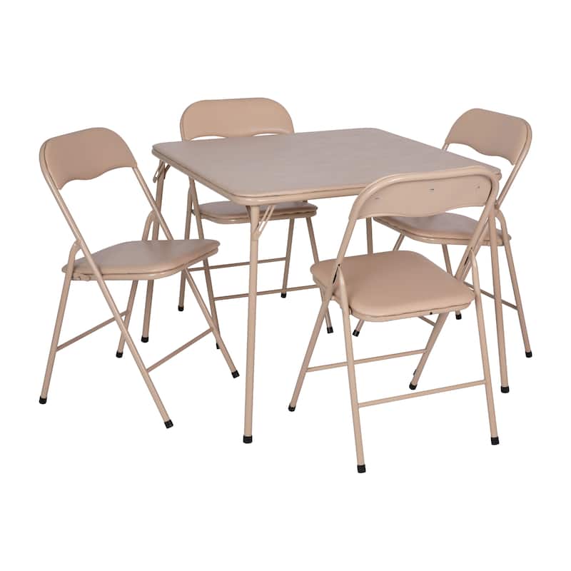 5 Piece Folding Card Table and Chair Set with Upholstered Table Top - 33.5"W x 33.5"D x 27.75"H - Tan