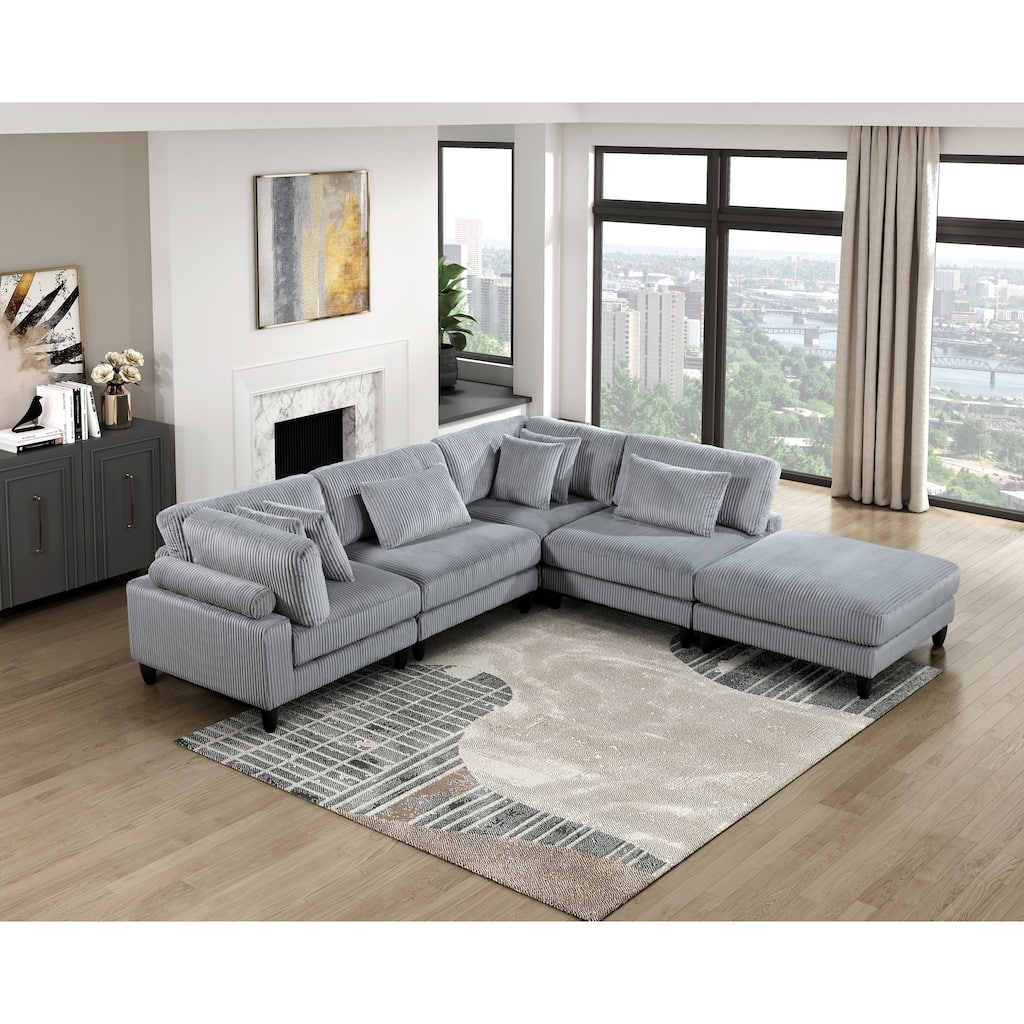 5pc Gray Corduroy Modular Sectional Set, Plywood & Solid Wood, 120x120x36in, 299lbs with Pillows