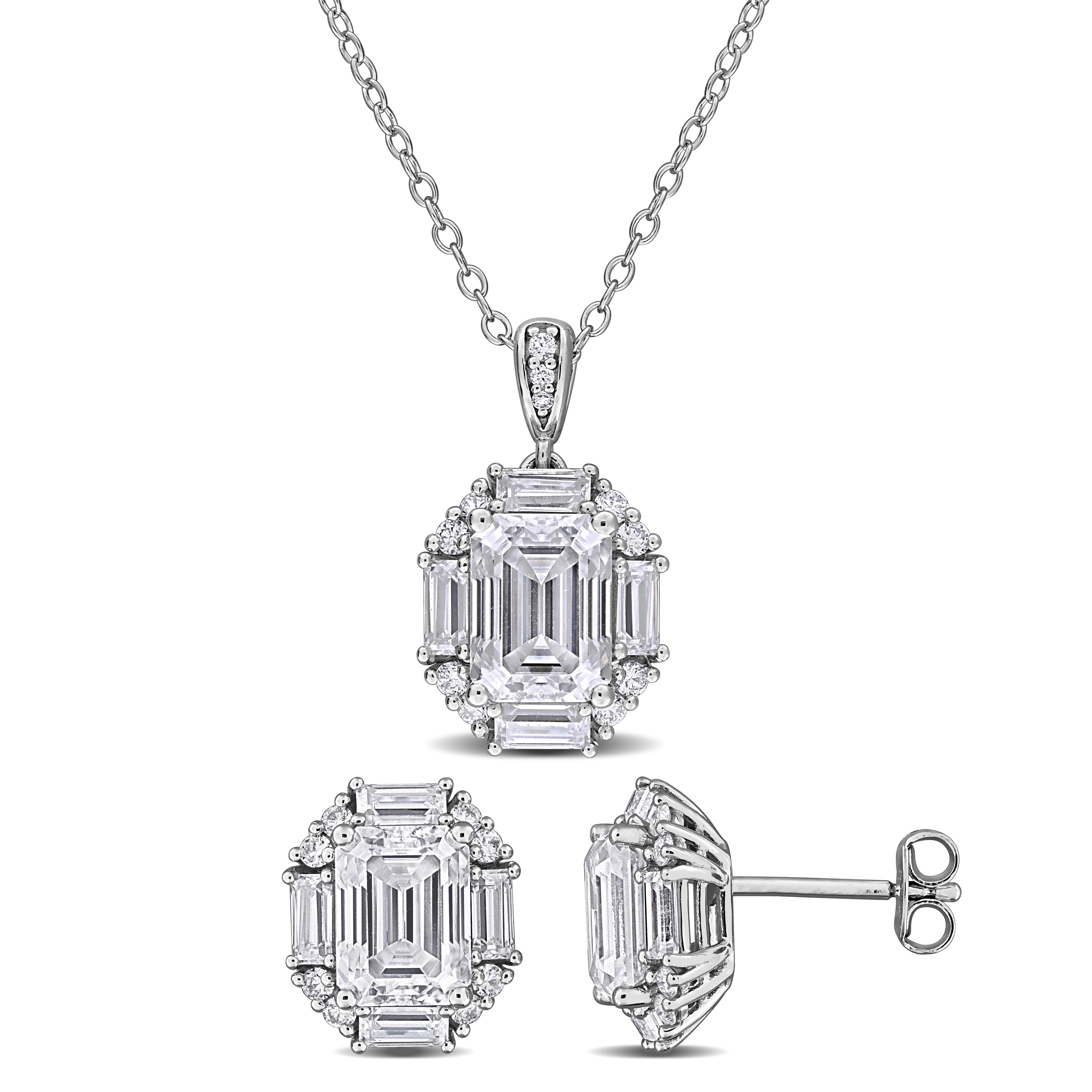 Miadora 7.57ct DEW Multi-Shaped Created White Moissanite Necklace Stud Earrings Sterling Silver