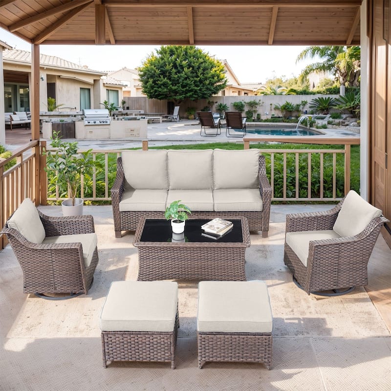 Outside Patio Sofa Chair Set with Cushions - Brwon Wicker Beige Cushion - 6PCS Sofa Swivel Chair with Ottoman Table