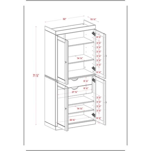 dimension image slide 0 of 3, Palace Imports 100% Solid Wood Pantry Cabinet, 2 Drawers, Adjustable Shelves, 32" Wide, 71.5" Tall - 32" x 71.5"