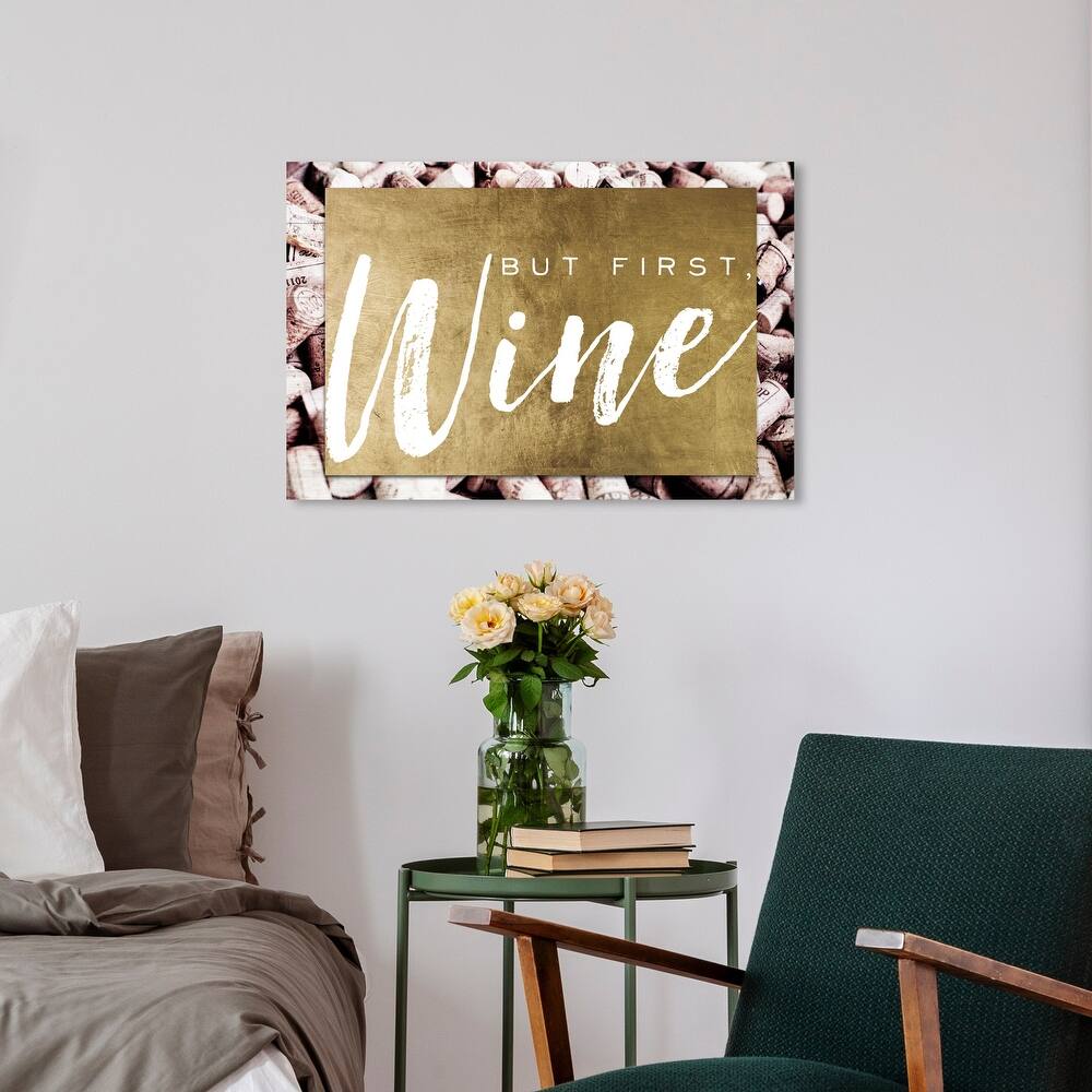Wynwood Studio 'But First Wine Gold Corks' Typography and Quotes Wall Art Canvas Print Quotes and Sayings - Gold, White
