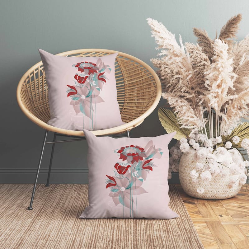 Flowers Line Art Indoor/Outdoor Reversible Throw Pillow Pink and Red