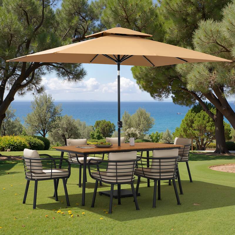 9PC Outdoor Patio Dining Set Aluminum Table with Sunbrella Cushion Chairs w/ Premium Market Umbrella Sets