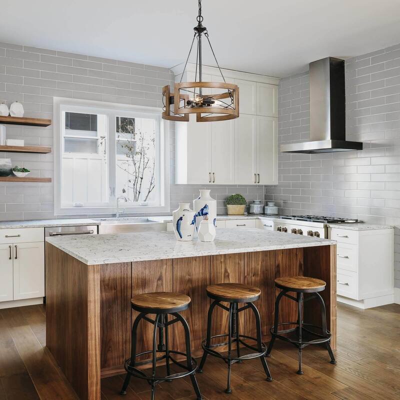 Modern Farmhouse 3-Light Drum Chandelier with Wood Grain for Dining Room - D15.5" * H 20.5"