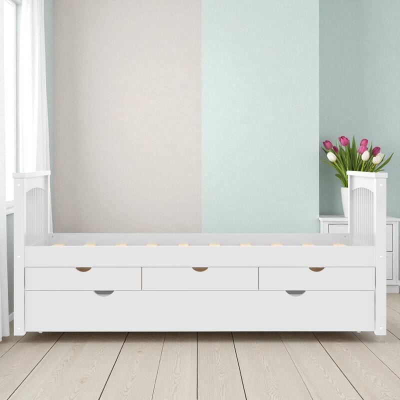Twin Solid Wood Platform Bed with Drawers and Trundle, Space-Saving Daybed Frame with Storage, No Box Spring Needed